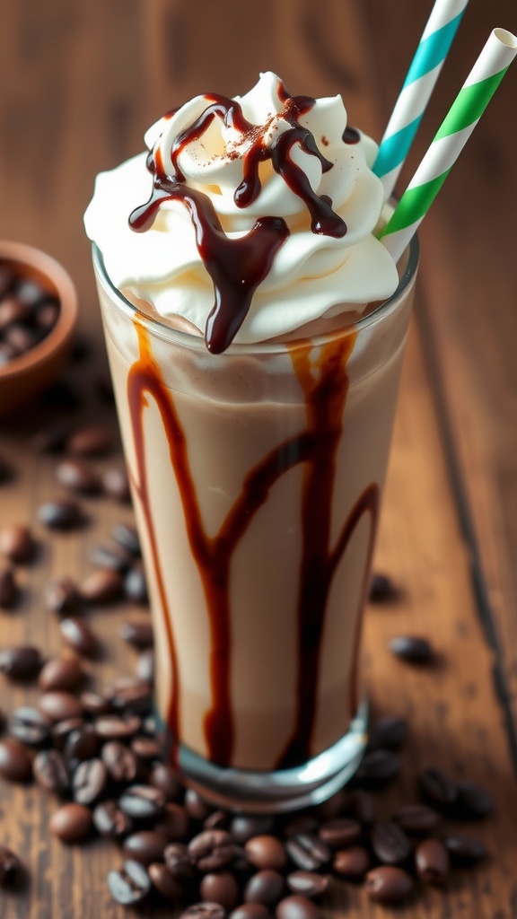 A delicious Mocha Frappuccino in a glass topped with whipped cream and chocolate syrup, set on a rustic wooden table.